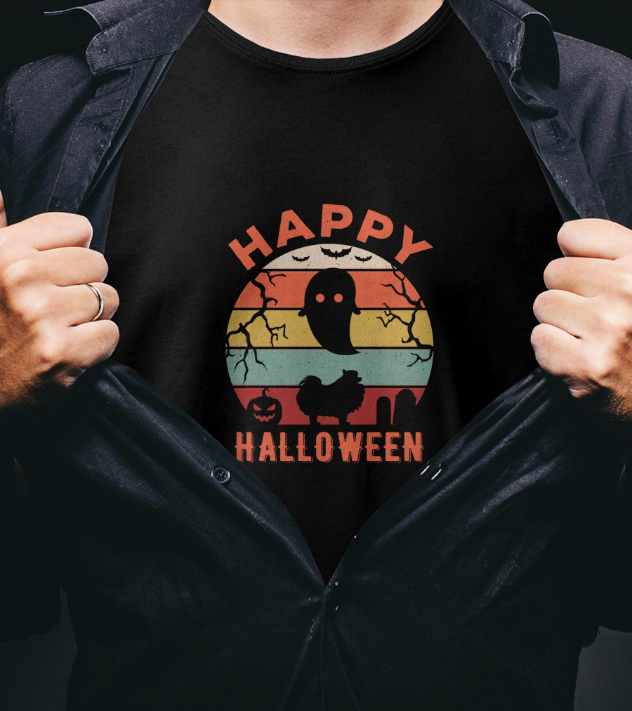 Happy Halloween Pomeranian Ghost And Bats Retro Stripe Moon T-Shirt