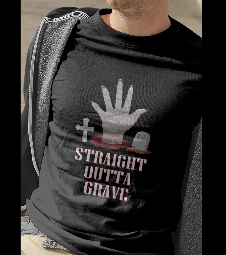 Straight Outta Grave Zombie Hand Tombstone Cross RIP T-Shirt
