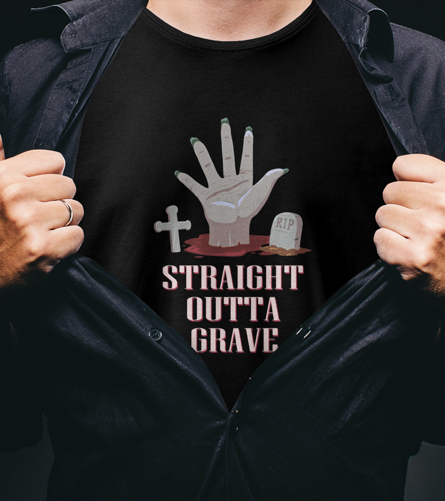 Straight Outta Grave Zombie Hand Tombstone Cross RIP T-Shirt