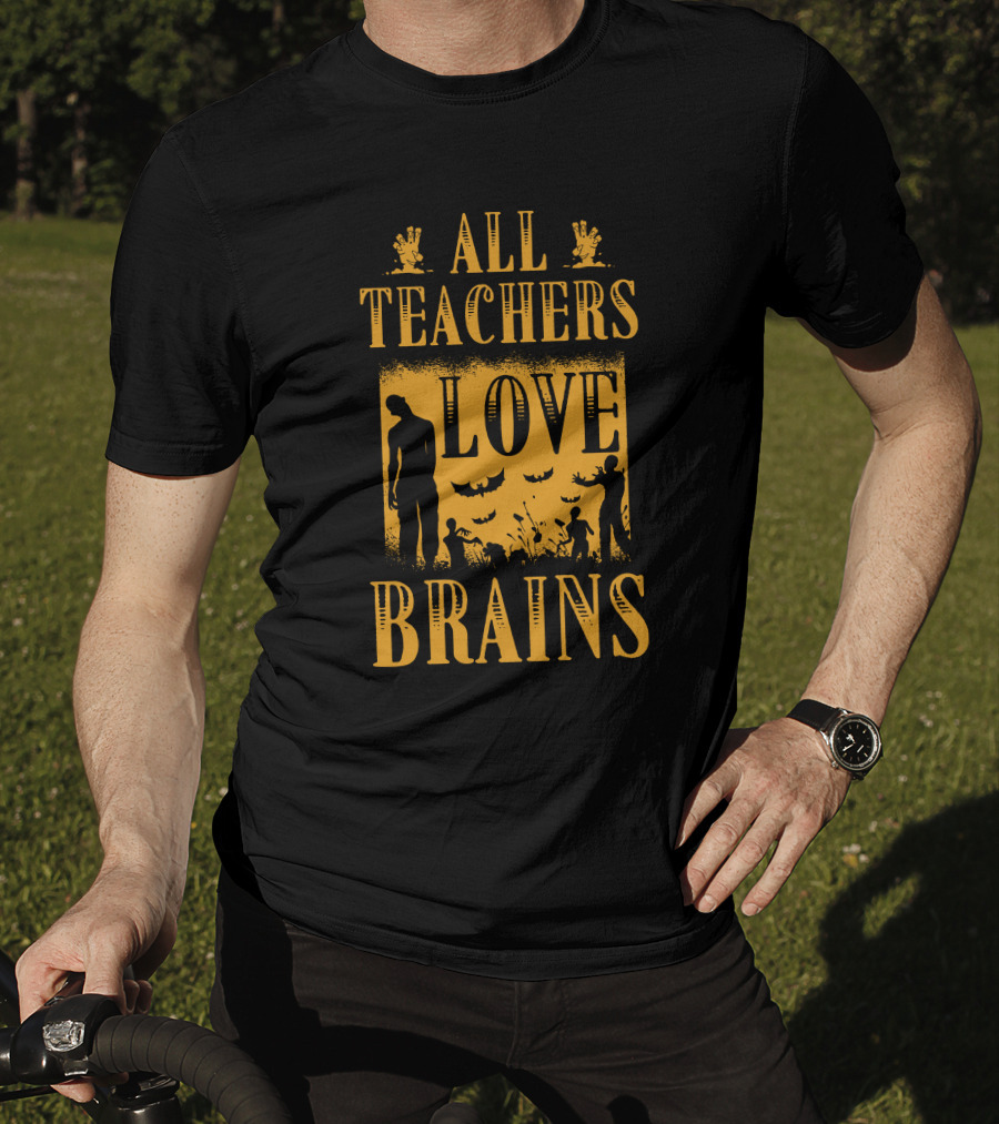 All Teachers Love Brains Zombie Silhouette Bats And Graveyard T-Shirt