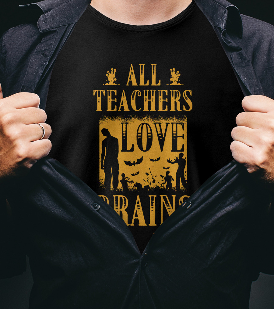 All Teachers Love Brains Zombie Silhouette Bats And Graveyard T-Shirt