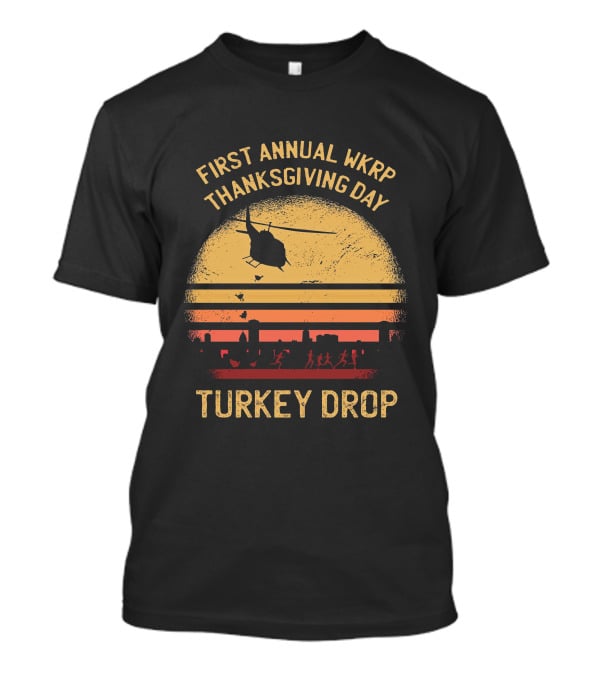 First Annual WKRP Thanksgiving Day Turkey Drop Helicopter Silhouette Vintage Sunset Scene T-Shirt
