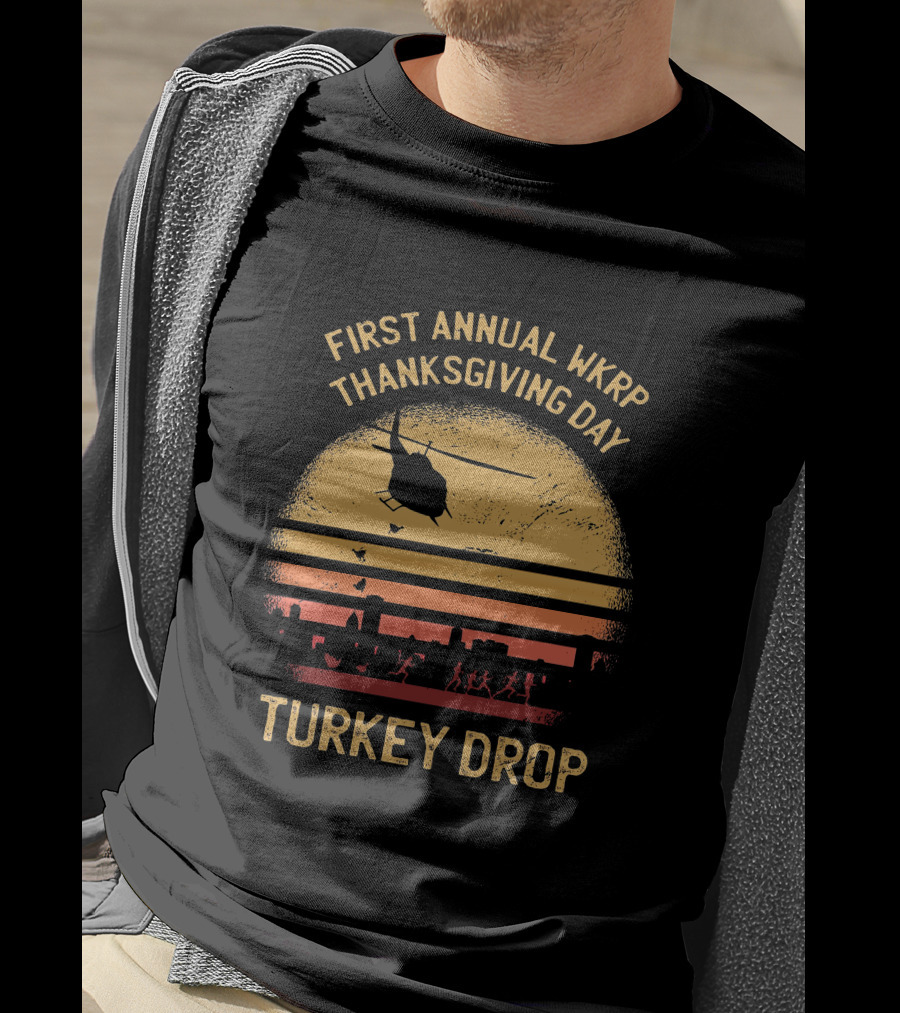First Annual WKRP Thanksgiving Day Turkey Drop Helicopter Silhouette Vintage Sunset Scene T-Shirt