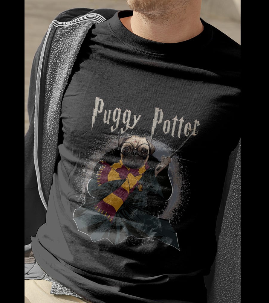 Puggy Potter Magic Wizard With Scarf And Wand T-Shirt