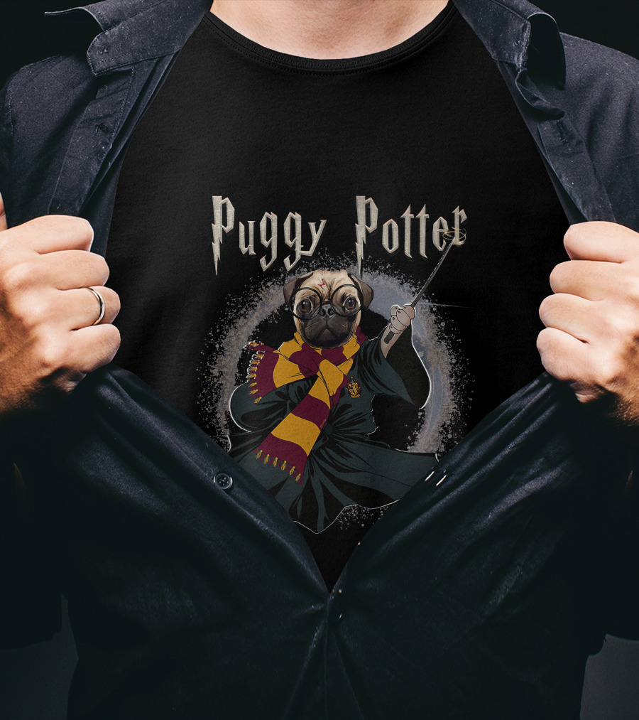 Puggy Potter Magic Wizard With Scarf And Wand T-Shirt