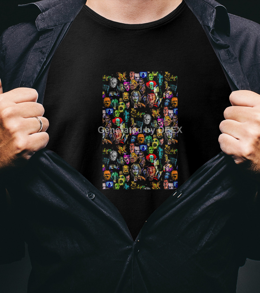 Horror Movie Character Faces Collage Multicolor T-Shirt