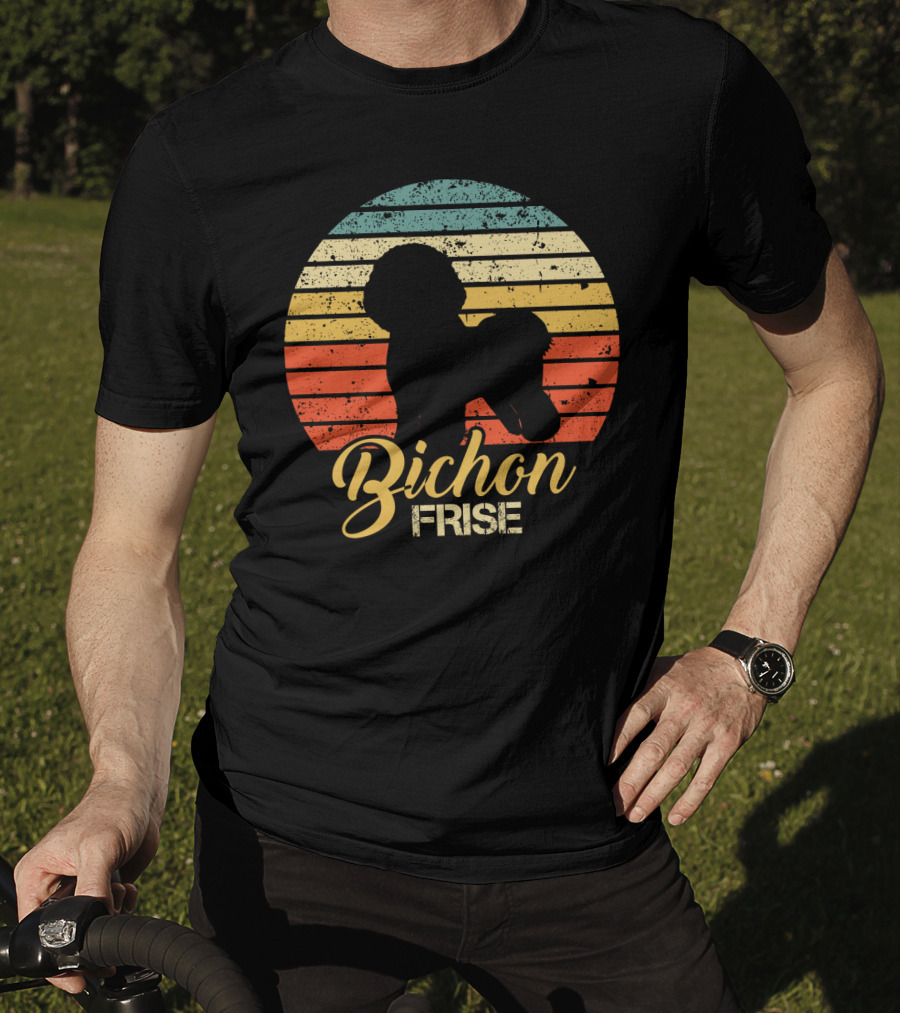 Retro Sunset Silhouette Bichon Frise Stripes T-Shirt