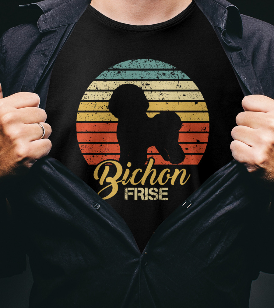 Retro Sunset Silhouette Bichon Frise Stripes T-Shirt