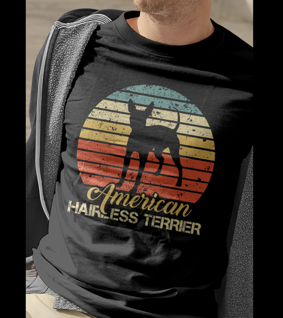 Retro Vintage American Hairless Terrier With Striped Sunset Background T-Shirt