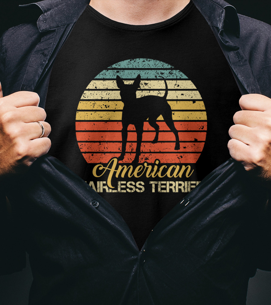 Retro Vintage American Hairless Terrier With Striped Sunset Background T-Shirt