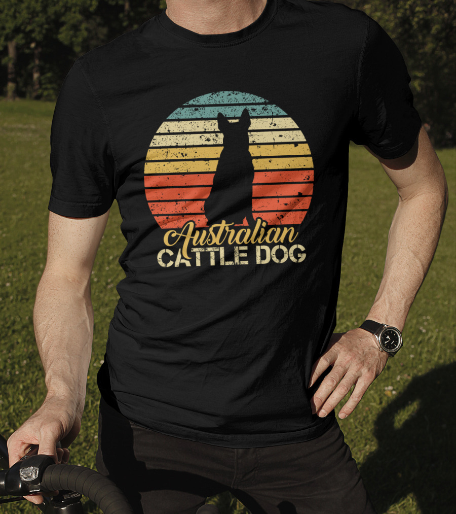 Retro Australian Cattle Dog Silhouette With Vintage Striped Sunset T-Shirt