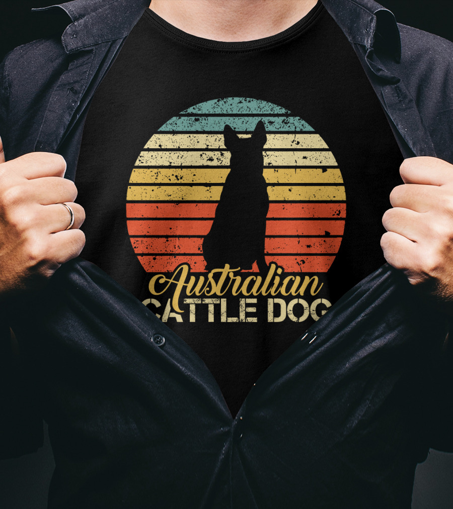 Retro Australian Cattle Dog Silhouette With Vintage Striped Sunset T-Shirt