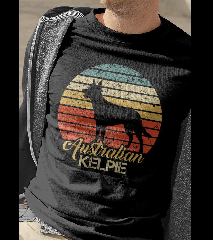 Retro Australian Kelpie Silhouette With Vintage Stripes T-Shirt