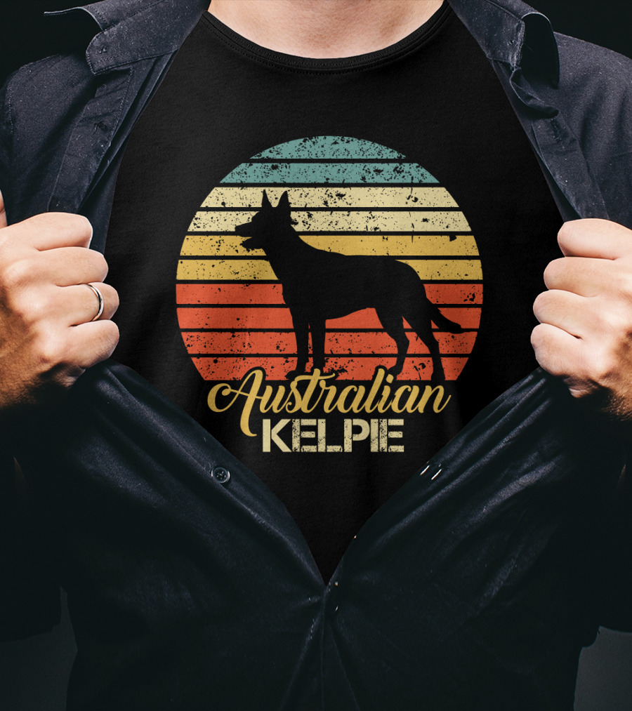 Retro Australian Kelpie Silhouette With Vintage Stripes T-Shirt