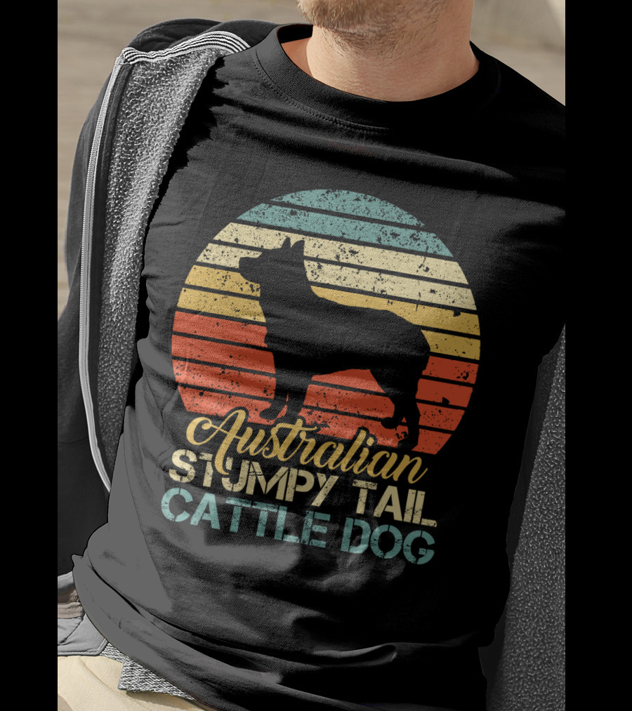 Vintage Retro Australian Stumpy Tail Cattle Dog Silhouette Sunset Stripes T-Shirt