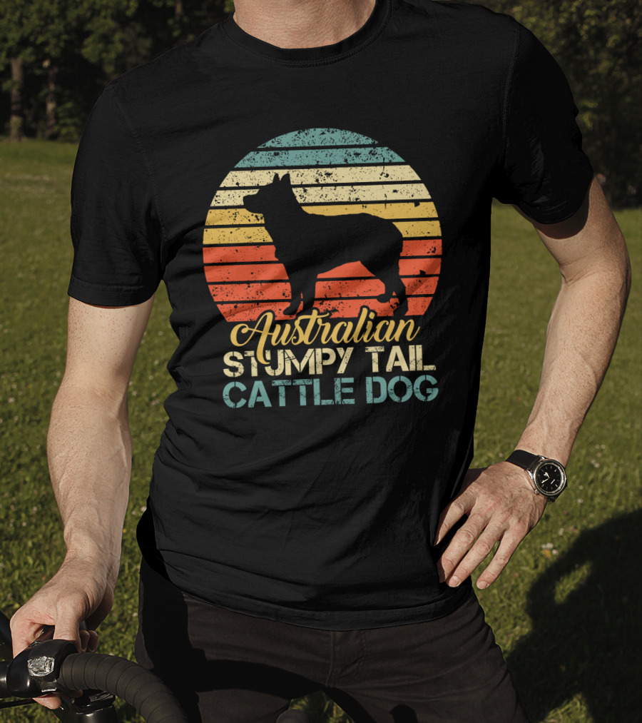 Vintage Retro Australian Stumpy Tail Cattle Dog Silhouette Sunset Stripes T-Shirt