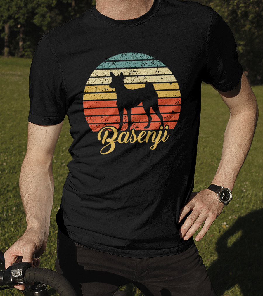 Vintage Basenji Silhouette Retro Striped Circle T-Shirt