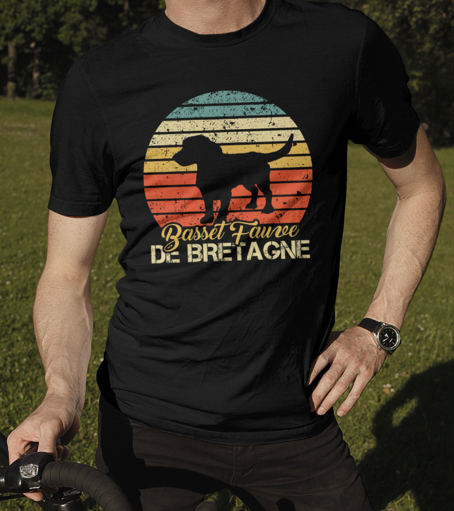 Retro Stripes Basset Fauve De Bretagne Silhouette Vintage T-Shirt
