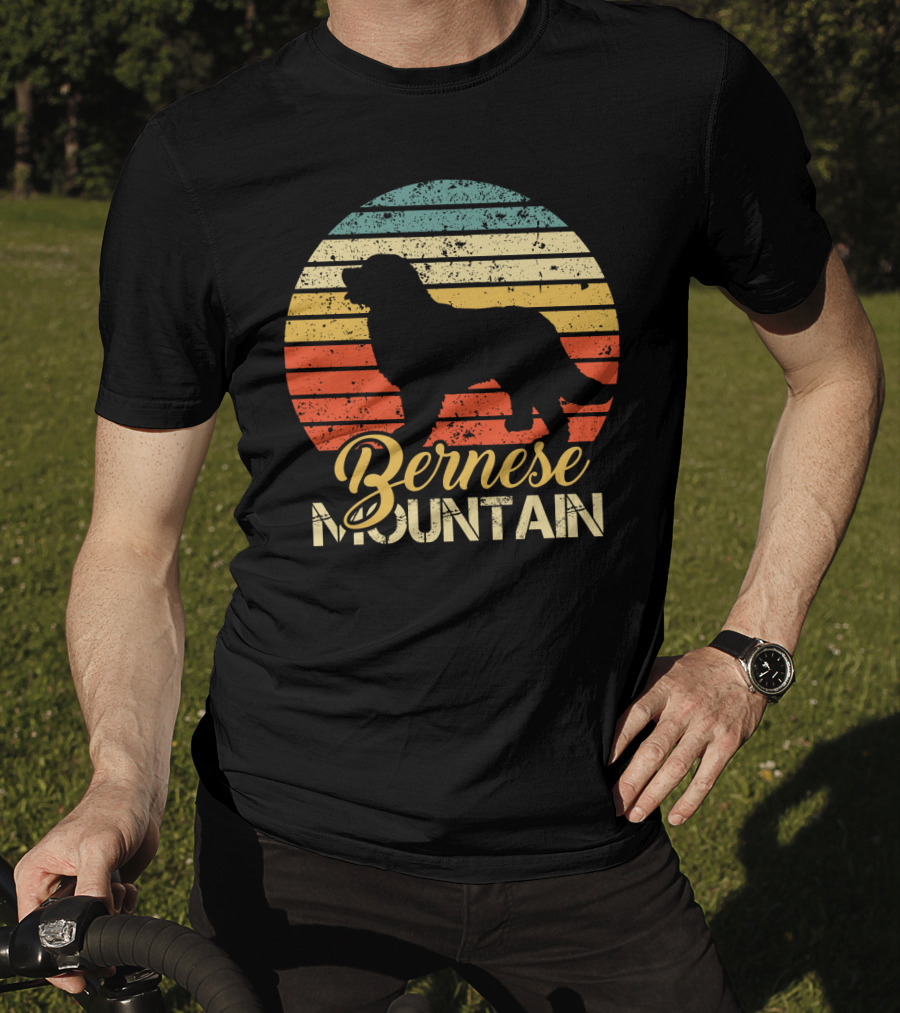 Retro Bernese Mountain Dog Silhouette With Striped Sunset Background T-Shirt