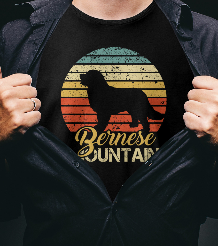 Retro Bernese Mountain Dog Silhouette With Striped Sunset Background T-Shirt