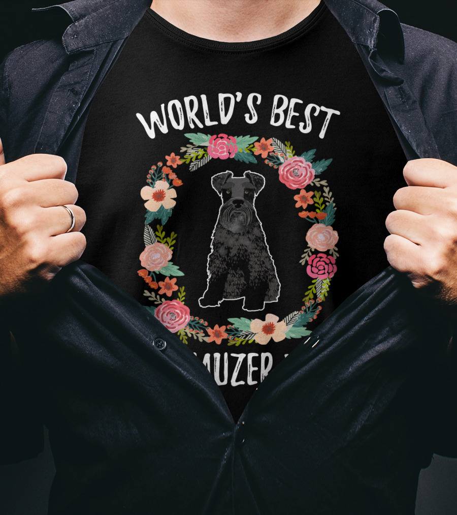 World's Best Schnauzer Mom Black Schnauzer Floral Wreath T-Shirt