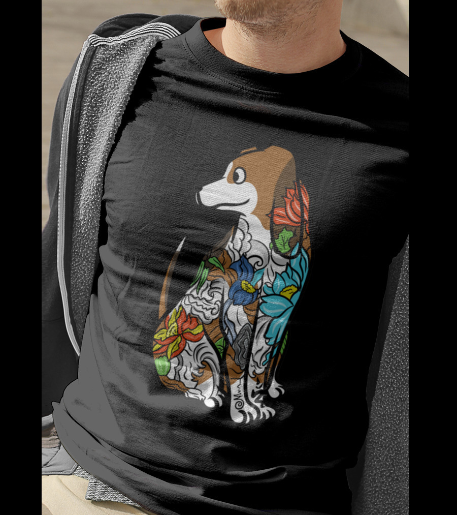 Basset Hound Tattoo Floral Art Design With Vibrant Colors T-Shirt