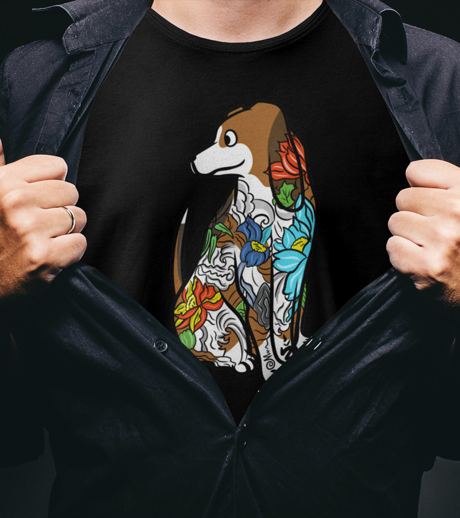 Basset Hound Tattoo Floral Art Design With Vibrant Colors T-Shirt