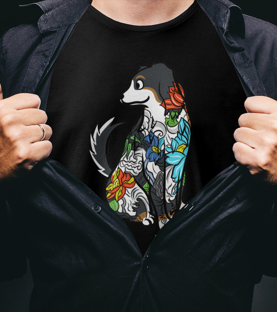 Colorful Floral Tattoo Style Bernese Mountain Dog T-Shirt