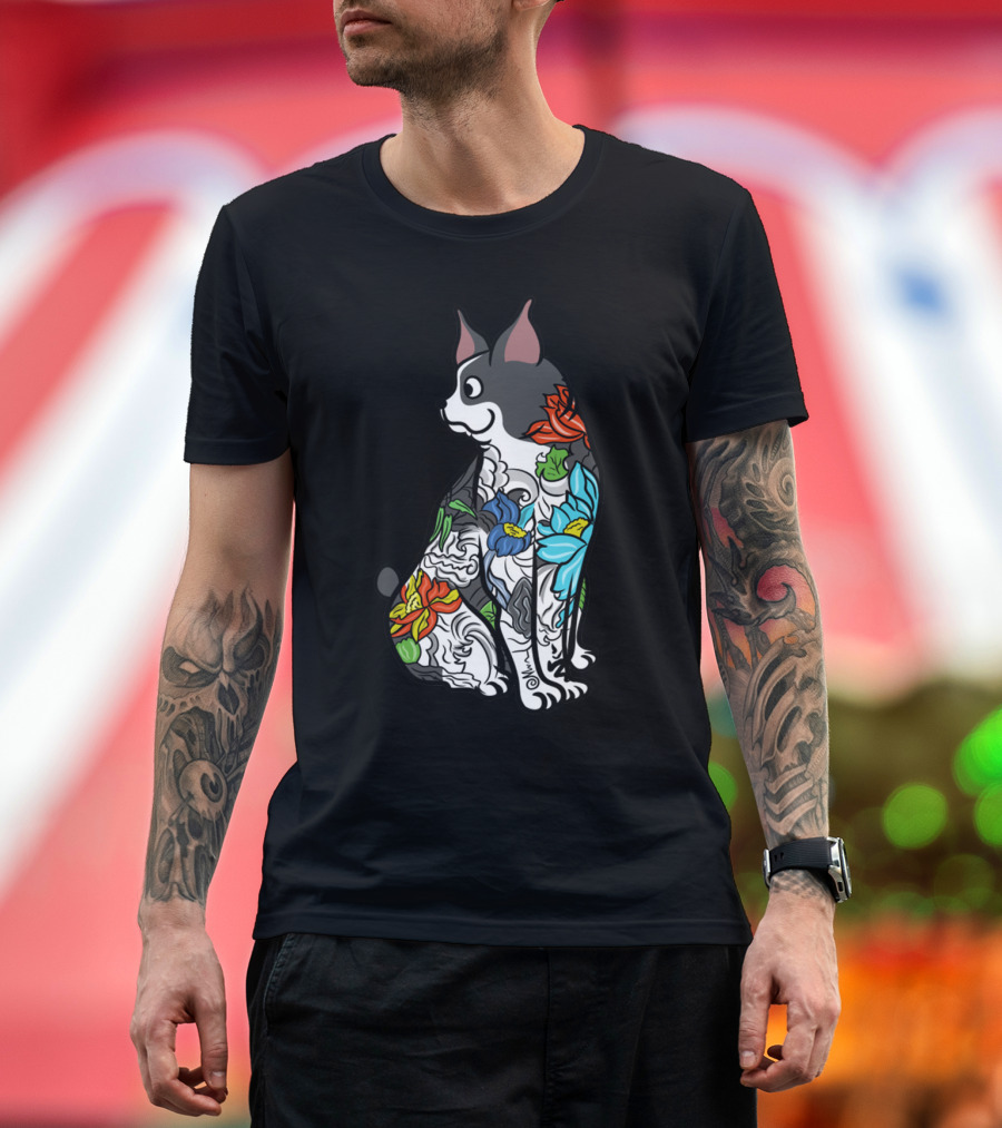 Boston Terrier with Colorful Floral Tattoo T-Shirt