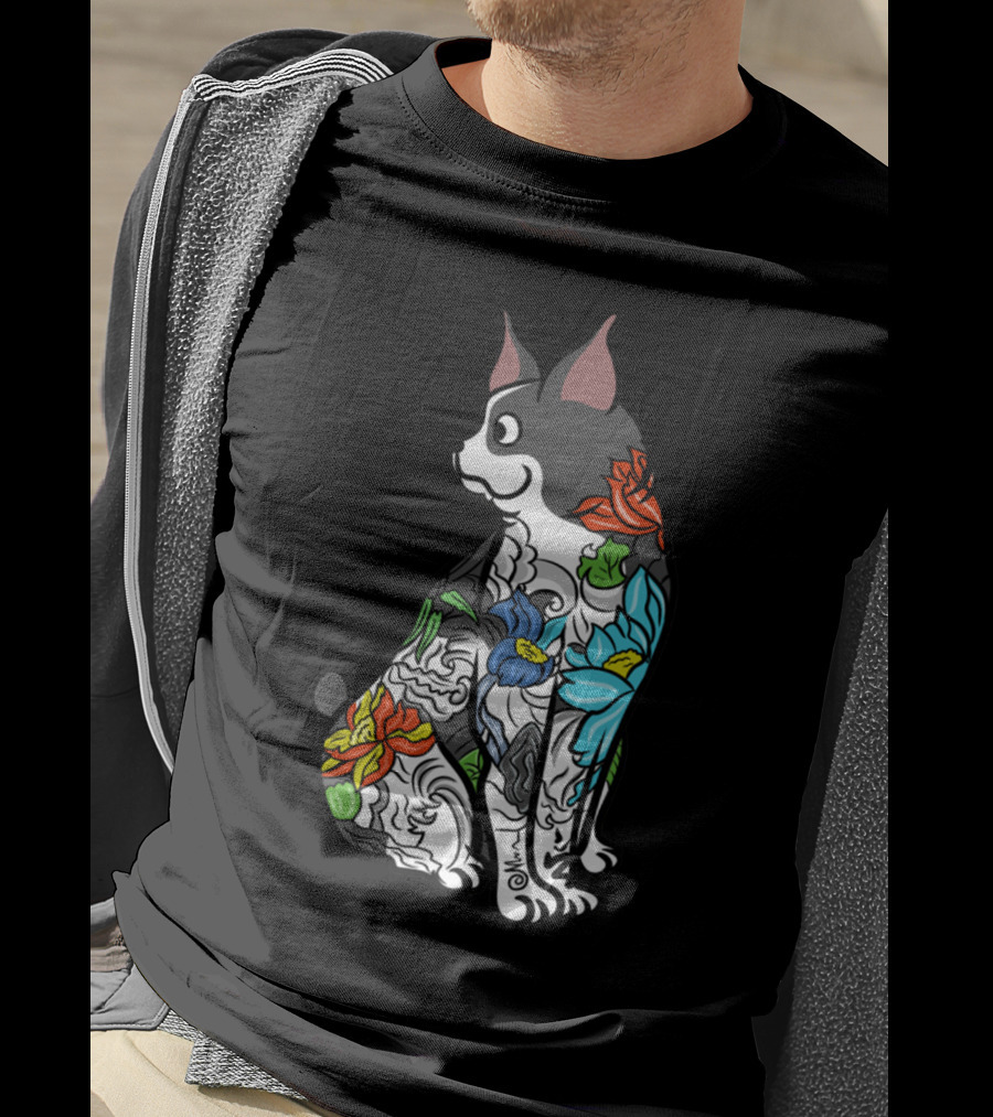 Boston Terrier With Colorful Floral Tattoo T-Shirt