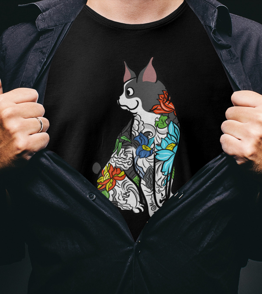 Boston Terrier With Colorful Floral Tattoo T-Shirt