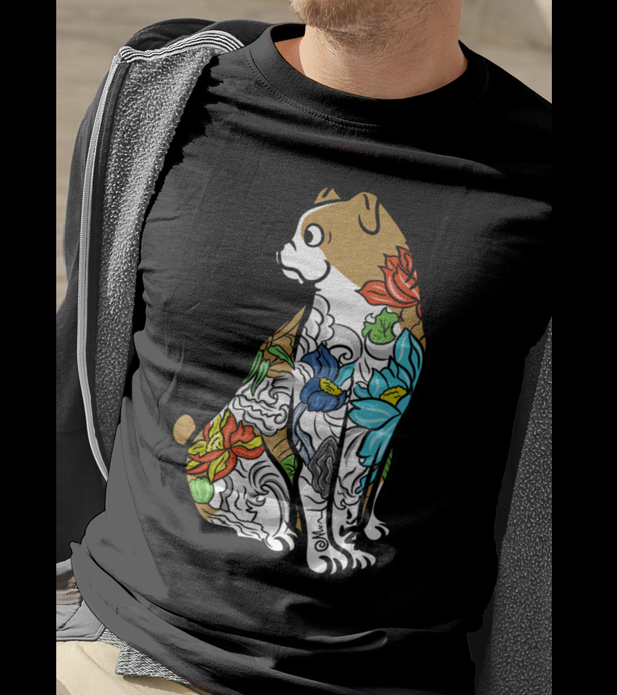 Bulldog Tattoo Floral Pattern Colorful T-Shirt