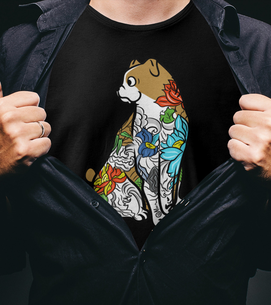 Bulldog Tattoo Floral Pattern Colorful T-Shirt