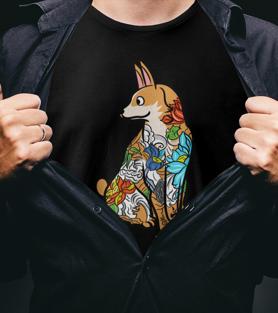 Corgi With Colorful Floral Tattoo T-Shirt