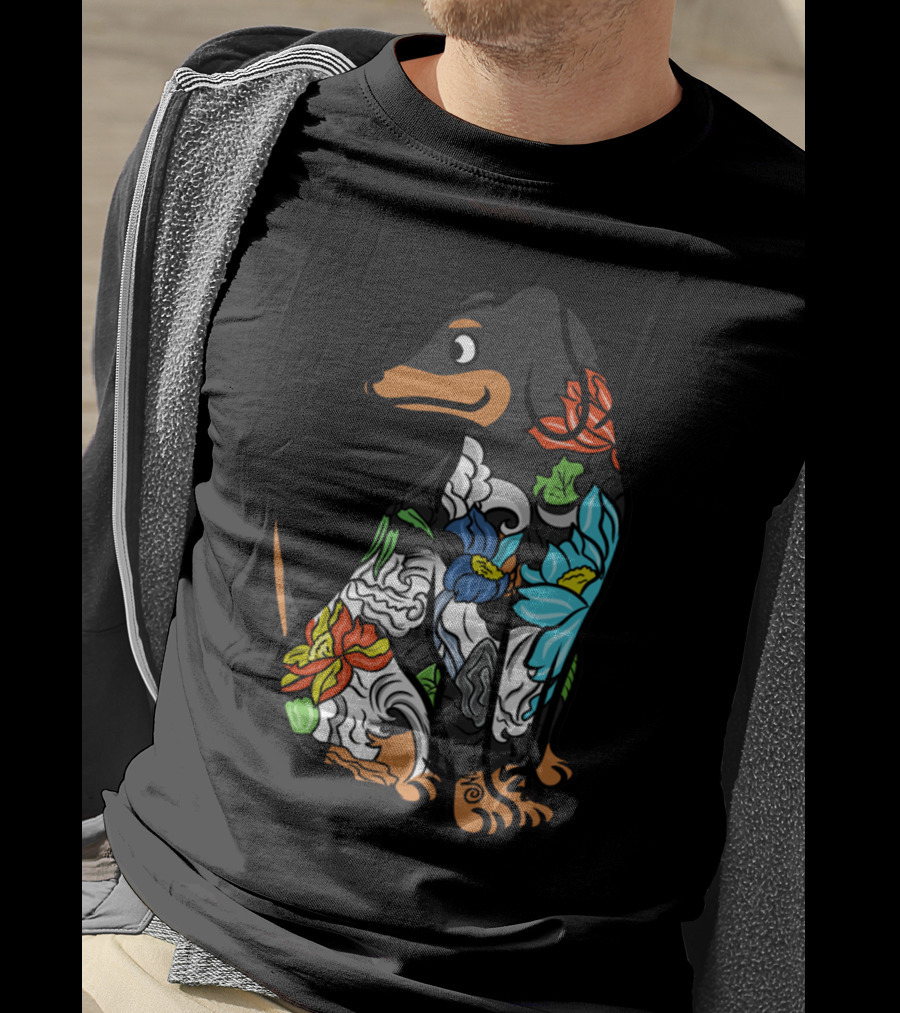 Colorful Floral Dachshund Tattoo Design With Artistic Flower T-Shirt