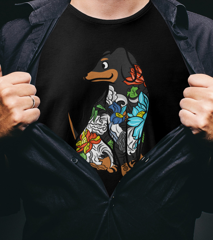 Colorful Floral Dachshund Tattoo Design With Artistic Flower T-Shirt