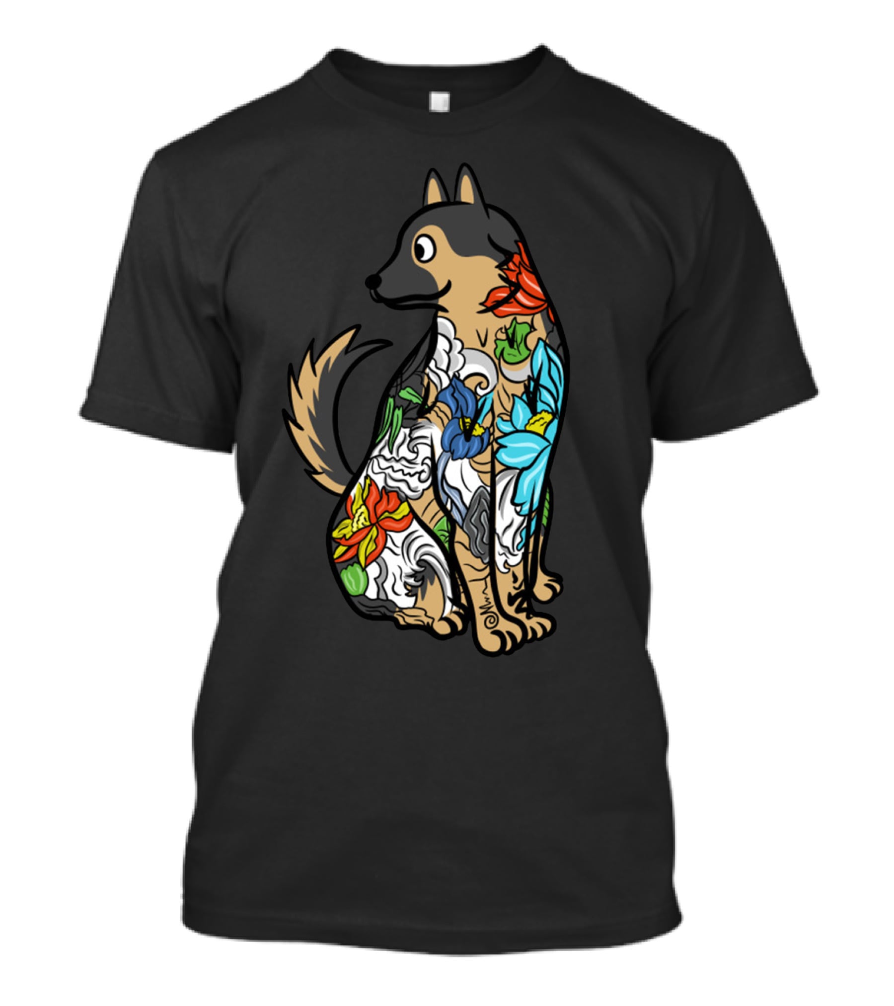 German Shepherd Vibrant Floral Tattoo T-Shirt