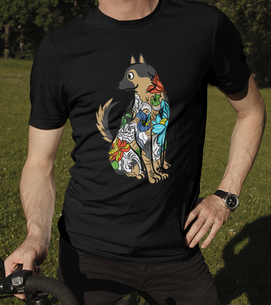 German Shepherd Vibrant Floral Tattoo T-Shirt