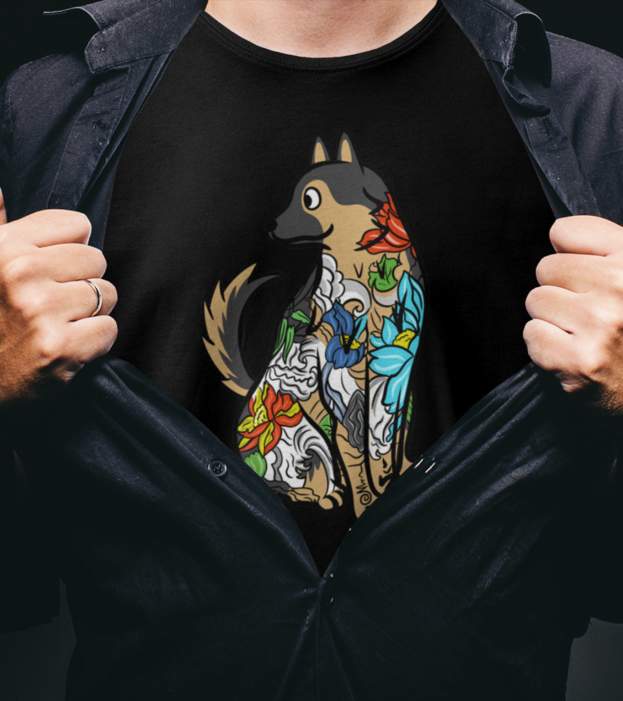 German Shepherd Vibrant Floral Tattoo T-Shirt