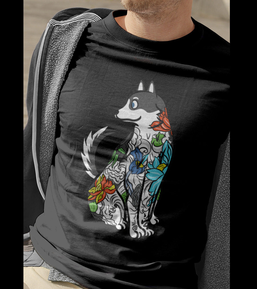 Husky Tattoo Floral Art Pattern In Black And Multicolor T-Shirt