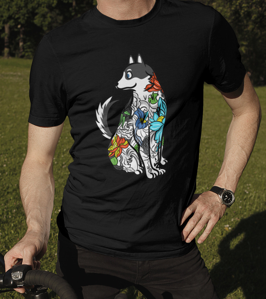Husky Tattoo Floral Art Pattern In Black And Multicolor T-Shirt