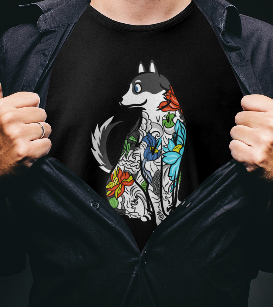 Husky Tattoo Floral Art Pattern In Black And Multicolor T-Shirt