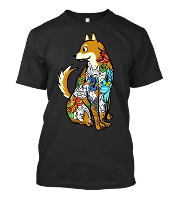 Shiba Inu Tattoo Colorful Floral T-Shirt