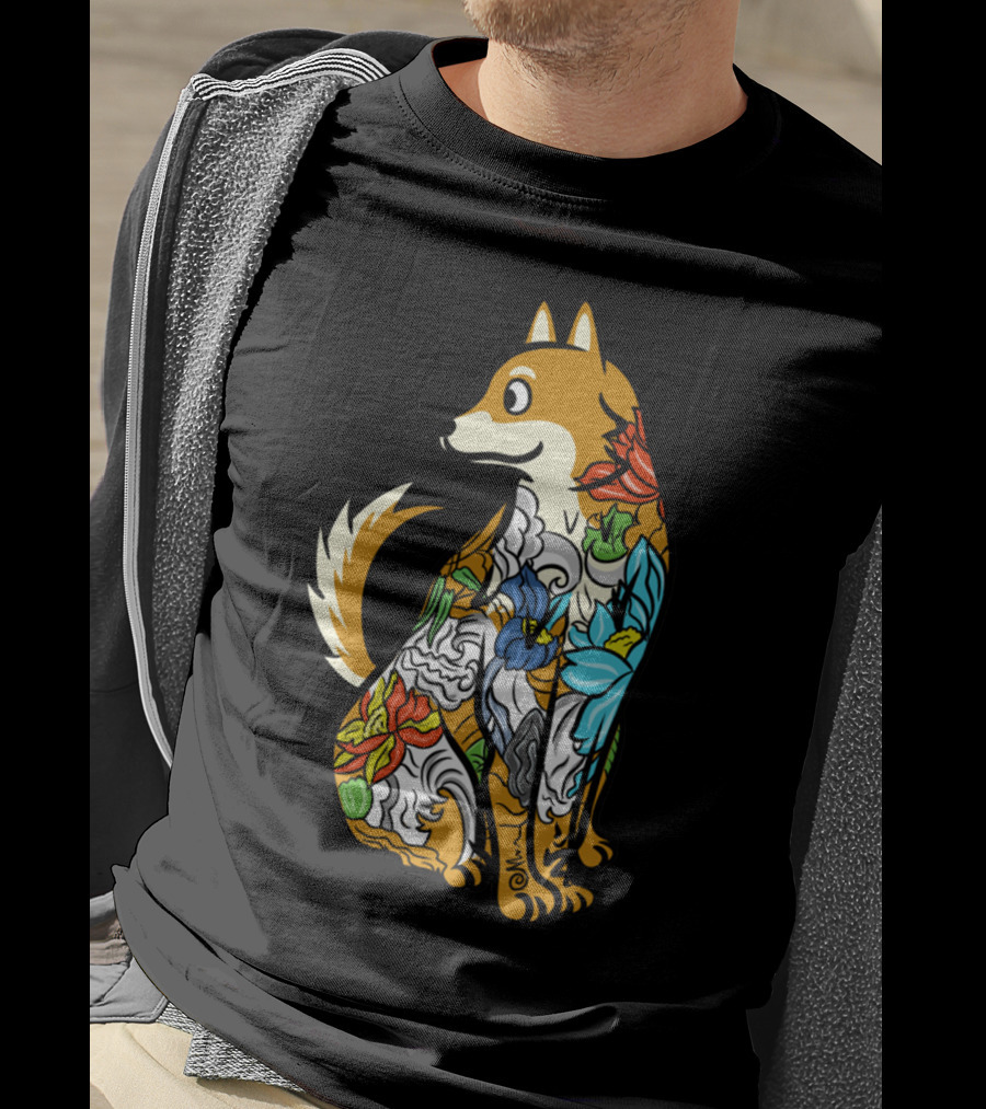 Shiba Inu Tattoo Colorful Floral T-Shirt