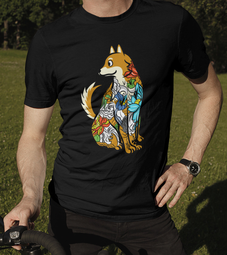 Shiba Inu Tattoo Colorful Floral T-Shirt