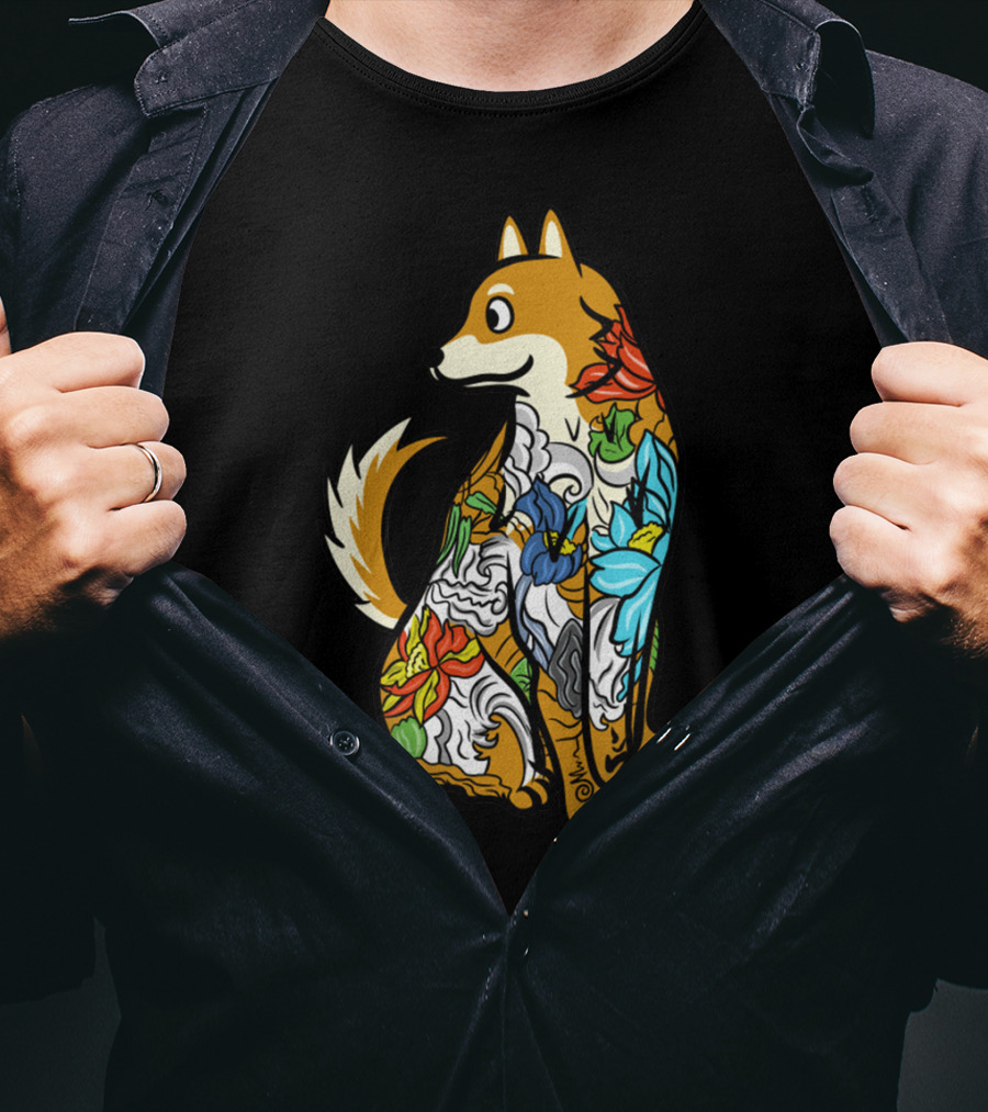 Shiba Inu Tattoo Colorful Floral T-Shirt