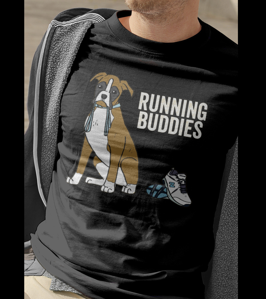 Boxer With Shoe And Running Buddies Text T-Shirt