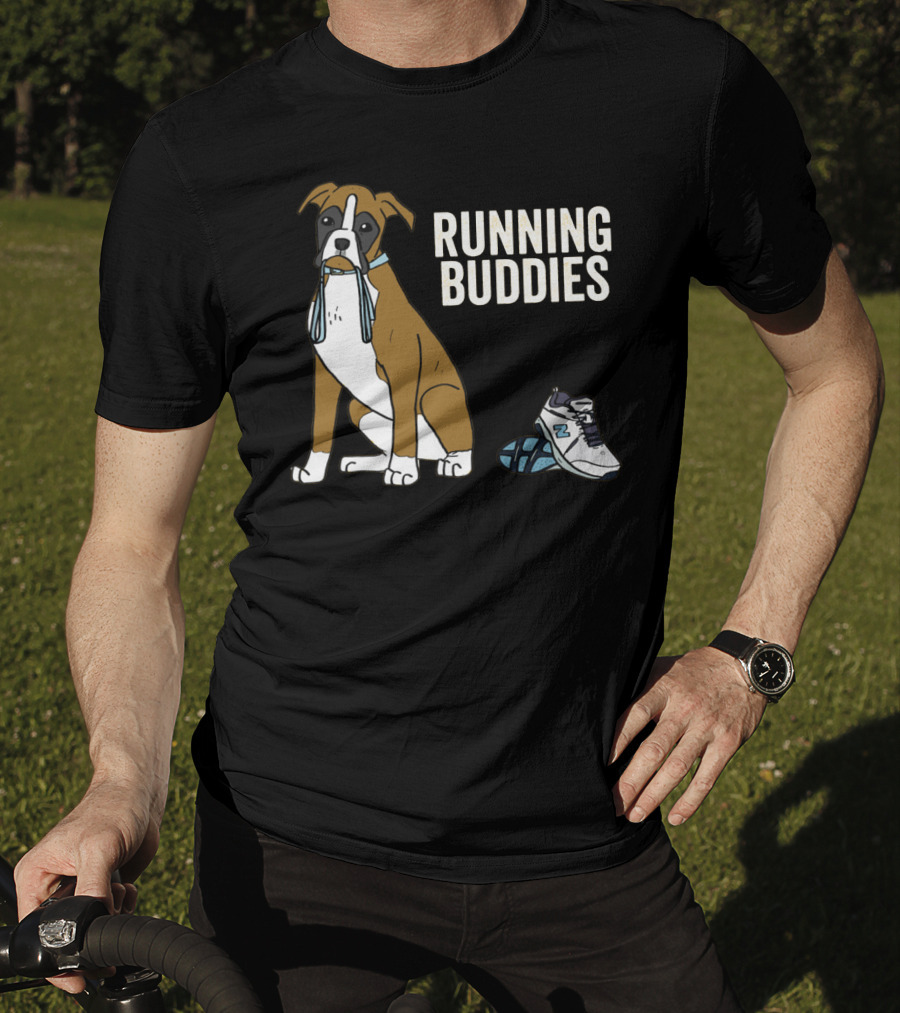 Boxer With Shoe And Running Buddies Text T-Shirt