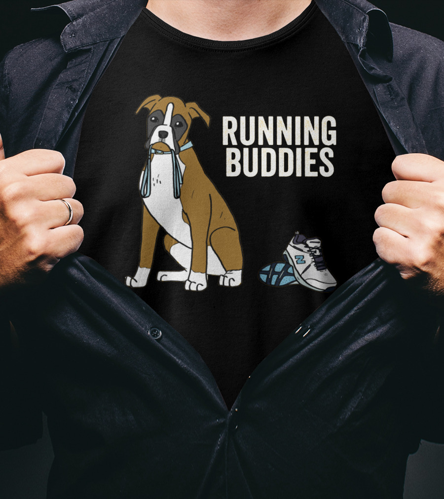 Boxer With Shoe And Running Buddies Text T-Shirt