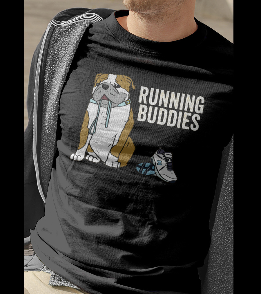 Bulldog And Sneakers Running Buddies With Leash And Shoe Companion T-Shirt